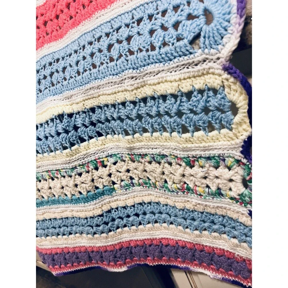 Handmade Crocheted Throw Blanket Multicolor 60 x 54  Afghan Heirloom Gift LN